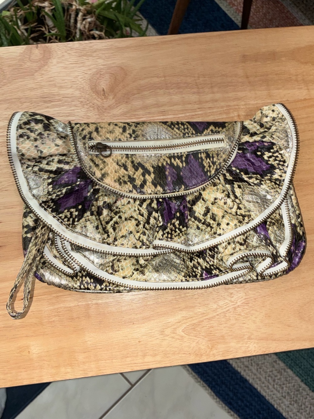 Vintage Y2K Dollhouse Snakeskin Ruffled Wristlet Clutch Bag Purple Accent Python - Picture 6 of 6